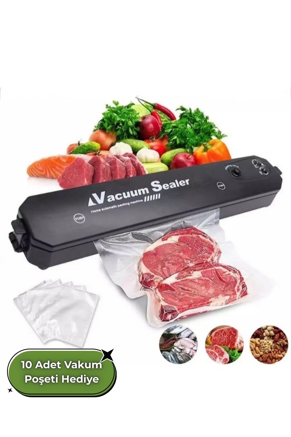 Vacuum Sealer Gıda Mühürleme Vakum Makinesi- Yiyecek Tazeliği Koruma Ev Ve Restoran- 10 Adet Poşet Hediyeli